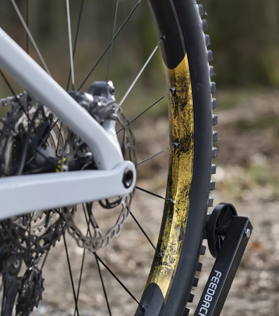 Gros plan sur la peinture personnalisée or et blanche d'un VTT Orbea