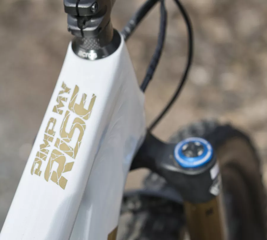 Détail du logo peint à la main avec effet doré sur un VTT Orbea
