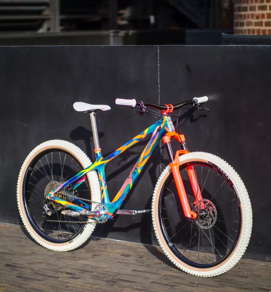 Détail du cadre d'un VTT avec finition arc en ciel