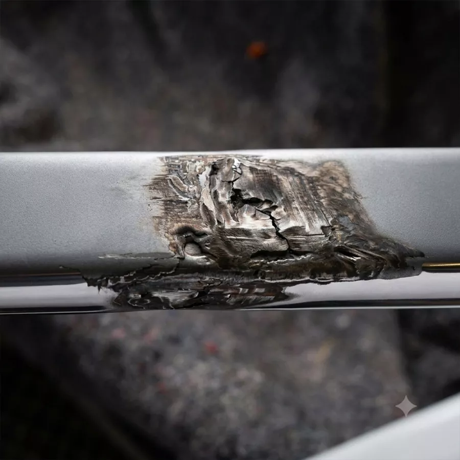 Inspection d’un cadre de vélo en carbone endommagé avant réparation