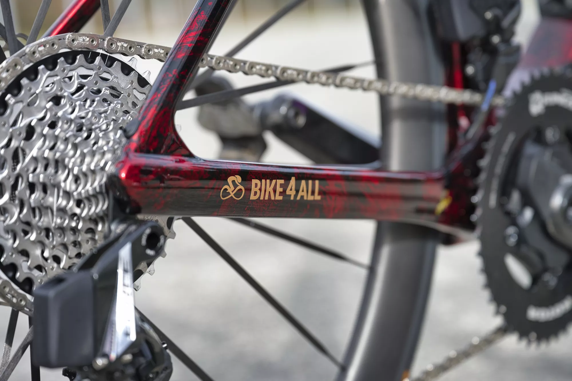 BMC Teammachine personnalisé avec peinture rouge intense sur mesure et reflets d'or, vue arrière