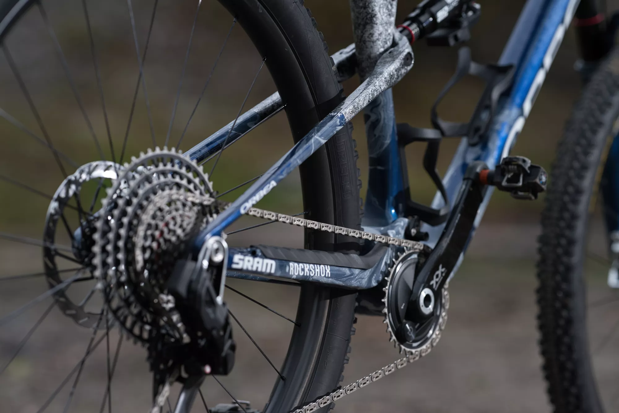 VTT Orbea Oiz personnalisé avec peinture sur mesure et reflets bleus, vue arrière